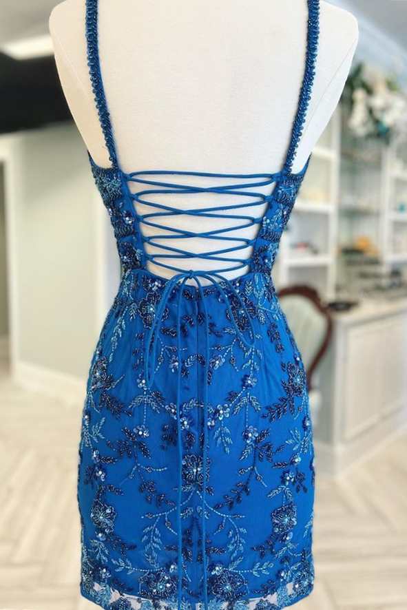 Blue Floral Lace Beaded Lace Up Back Cocktail Dress KissProm