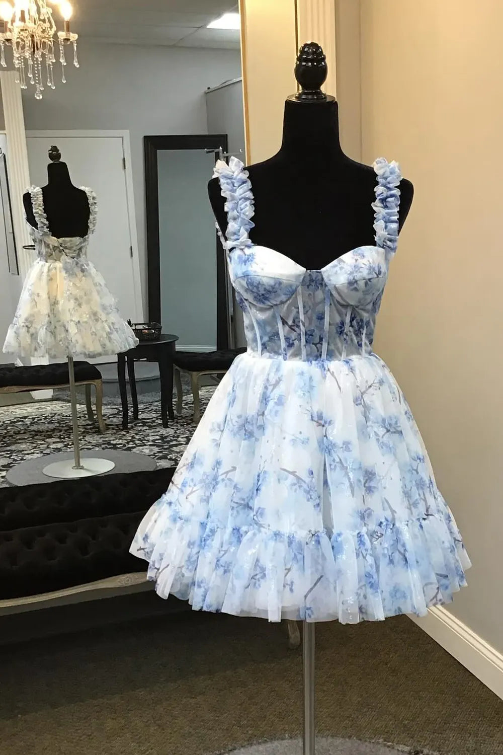 Blue Floral Printed Spaghetti Straps A - Line Short Corset Homecoming Dress - KissProm