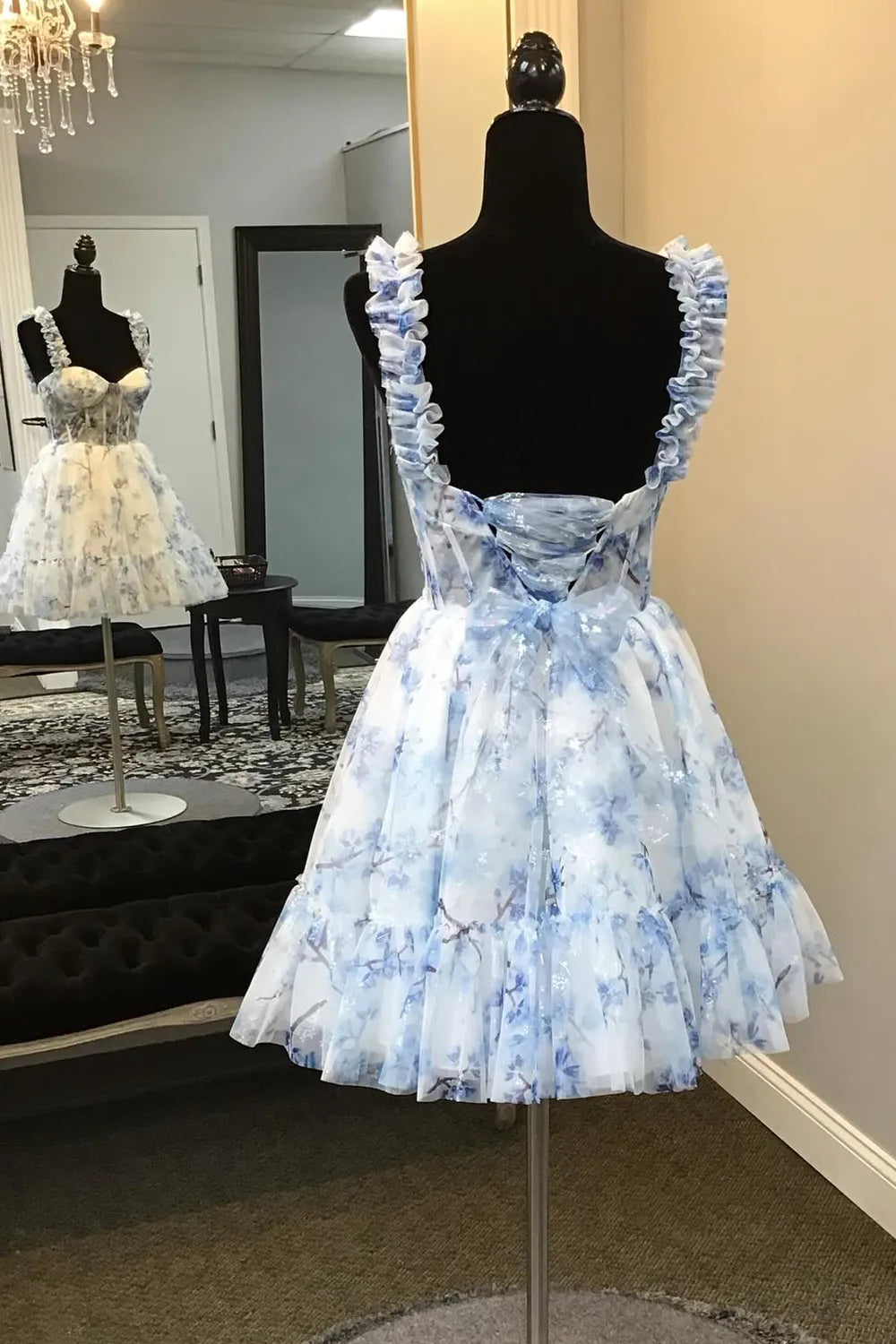 Blue Floral Printed Spaghetti Straps A - Line Short Corset Homecoming Dress - KissProm