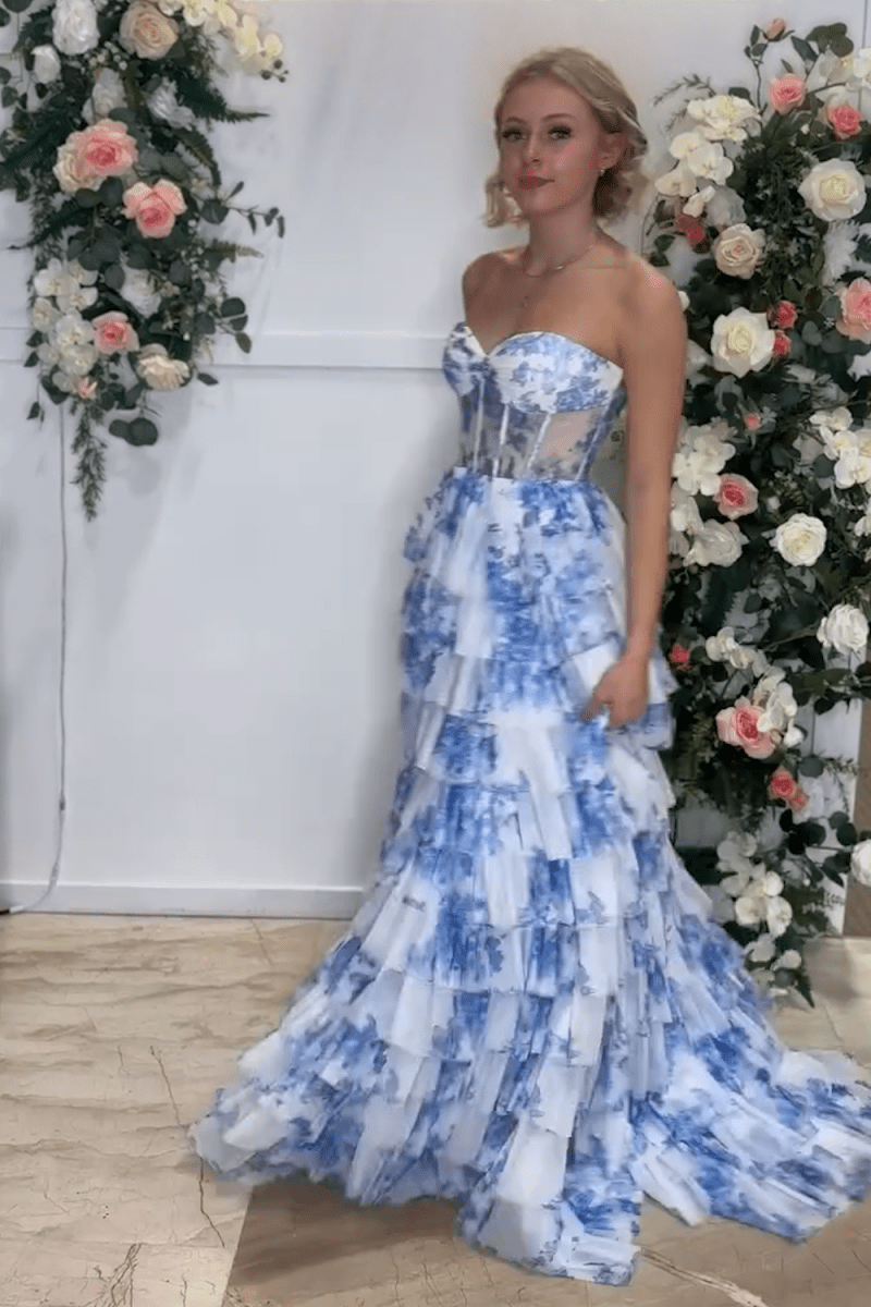 Tien | Blue Floral Printed Sweetheart Chiffon Tiered A - Line Long Corset Prom Dress - KissProm