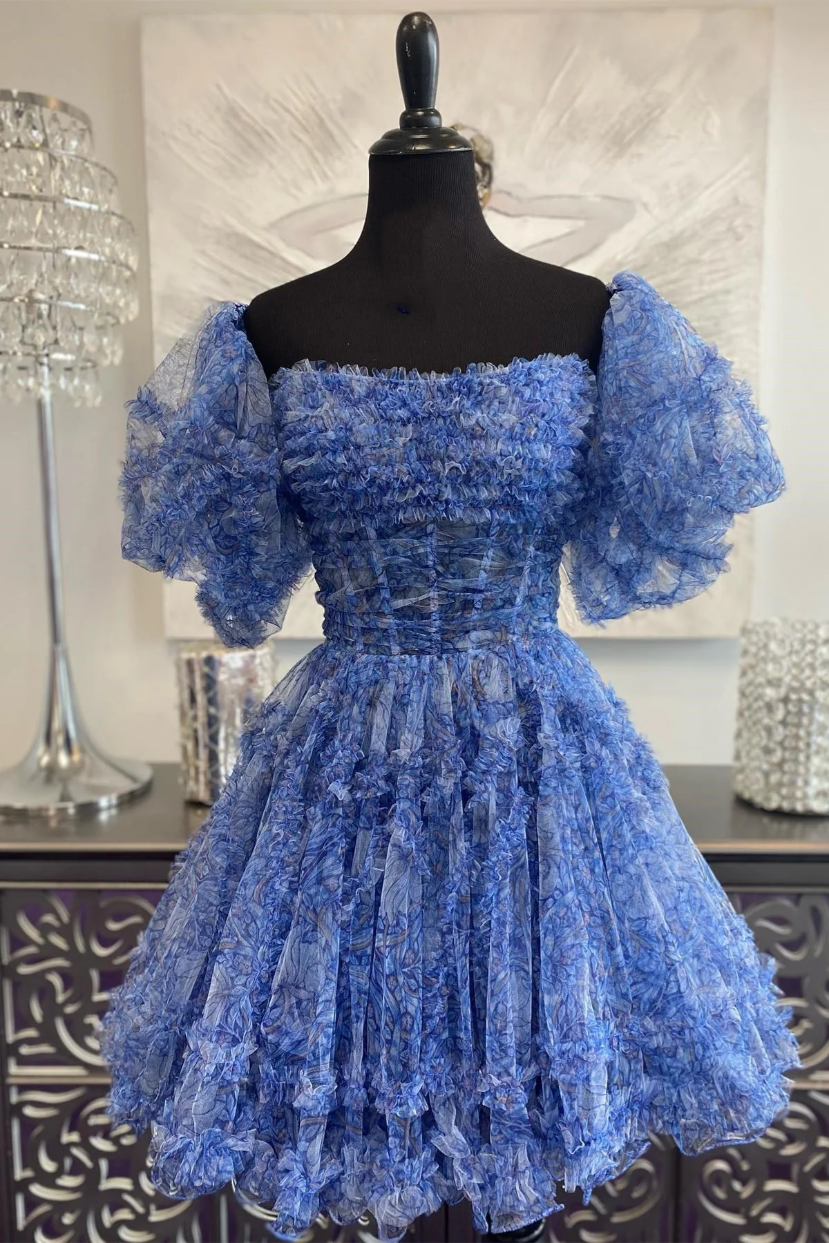 Hanni | Blue Puff Sleeves Ruffles A-line Prints Homecoming Dress