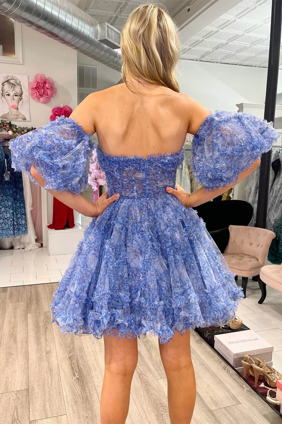 Hanni | Blue Puff Sleeves Ruffles A-line Prints Homecoming Dress