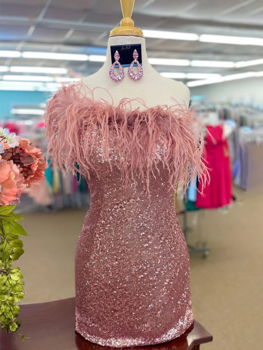 Farrah |Sheath Sequin Homecoming Dress with Feather - KissProm