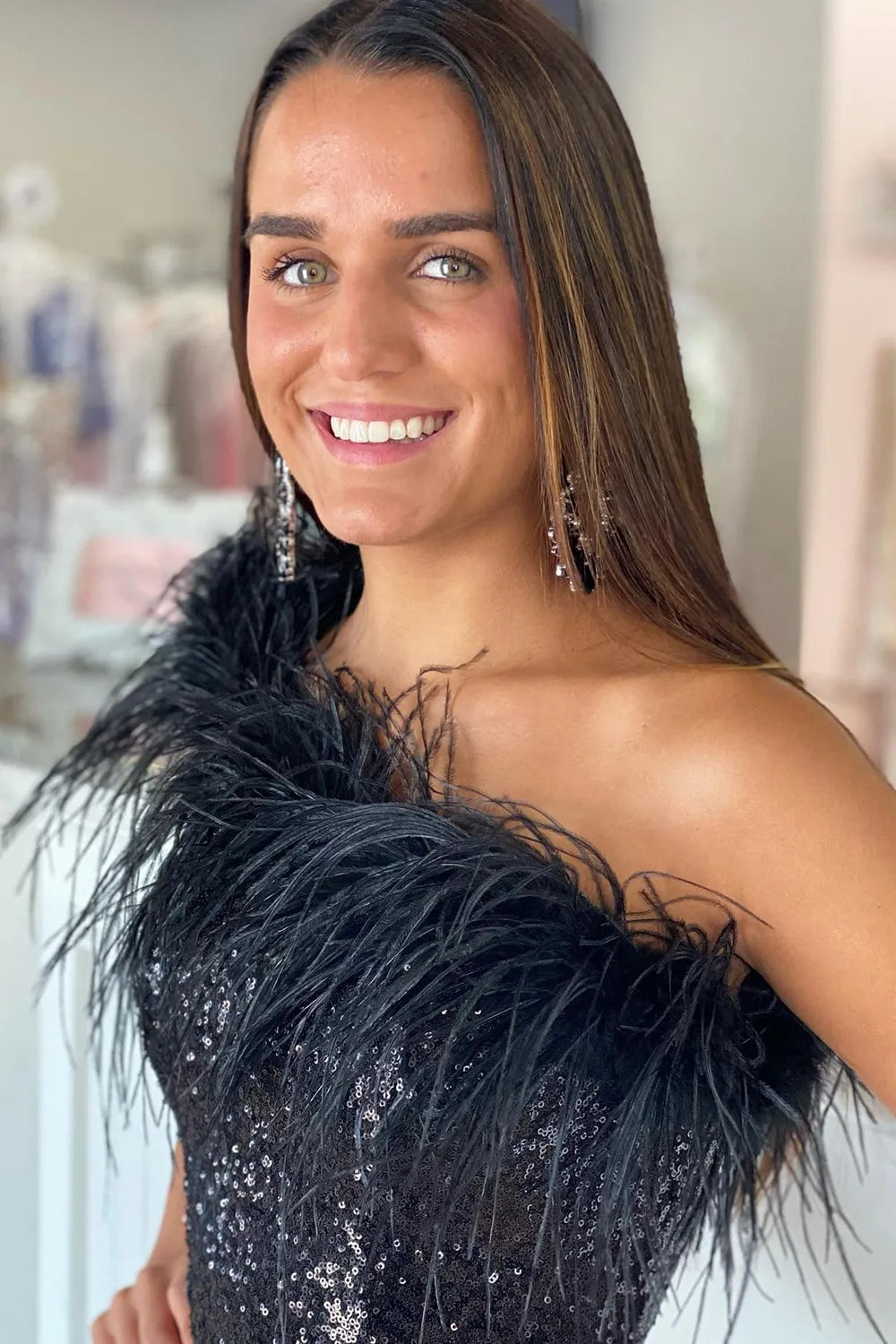 Farrah |Sheath Sequin Homecoming Dress with Feather