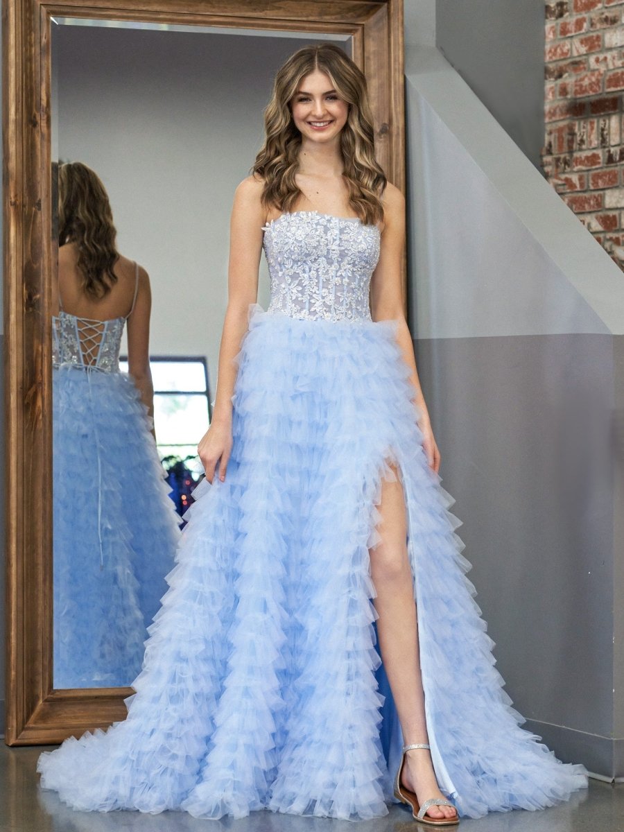 Jordan | Sky Blue A - Line Tiered Sequins Tulle Long Prom Dress - KissProm