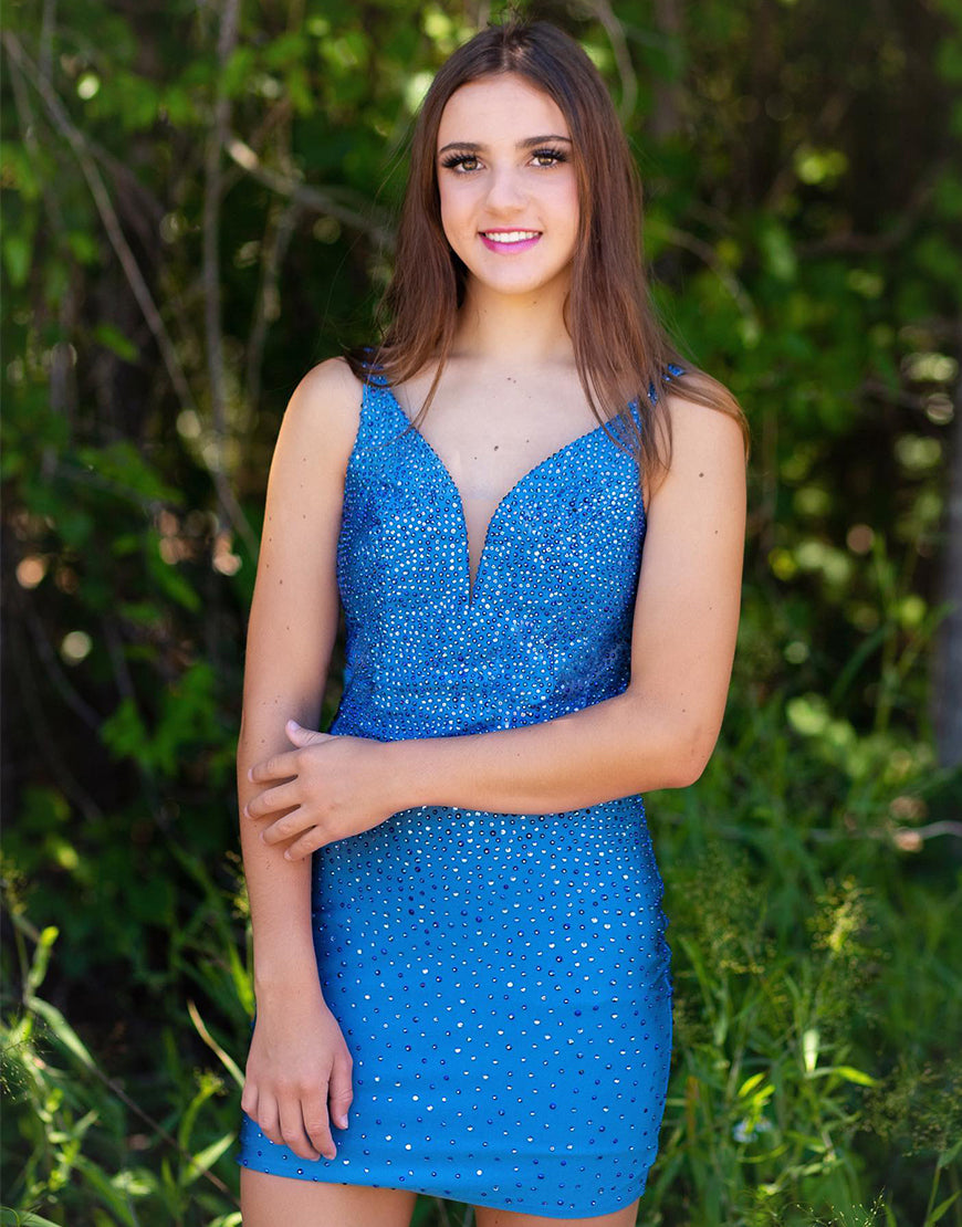 Sheath Blue Beaded Plunging Short Homecoming Dress