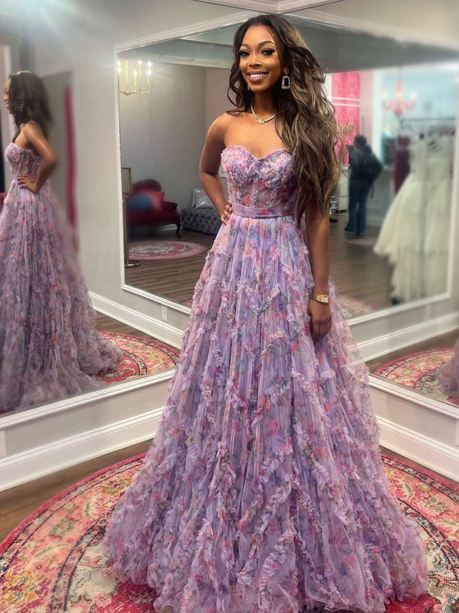 Bobbie | A - Line Sweetheart Purple Floral Print Ruffle Long Prom Dress - KissProm