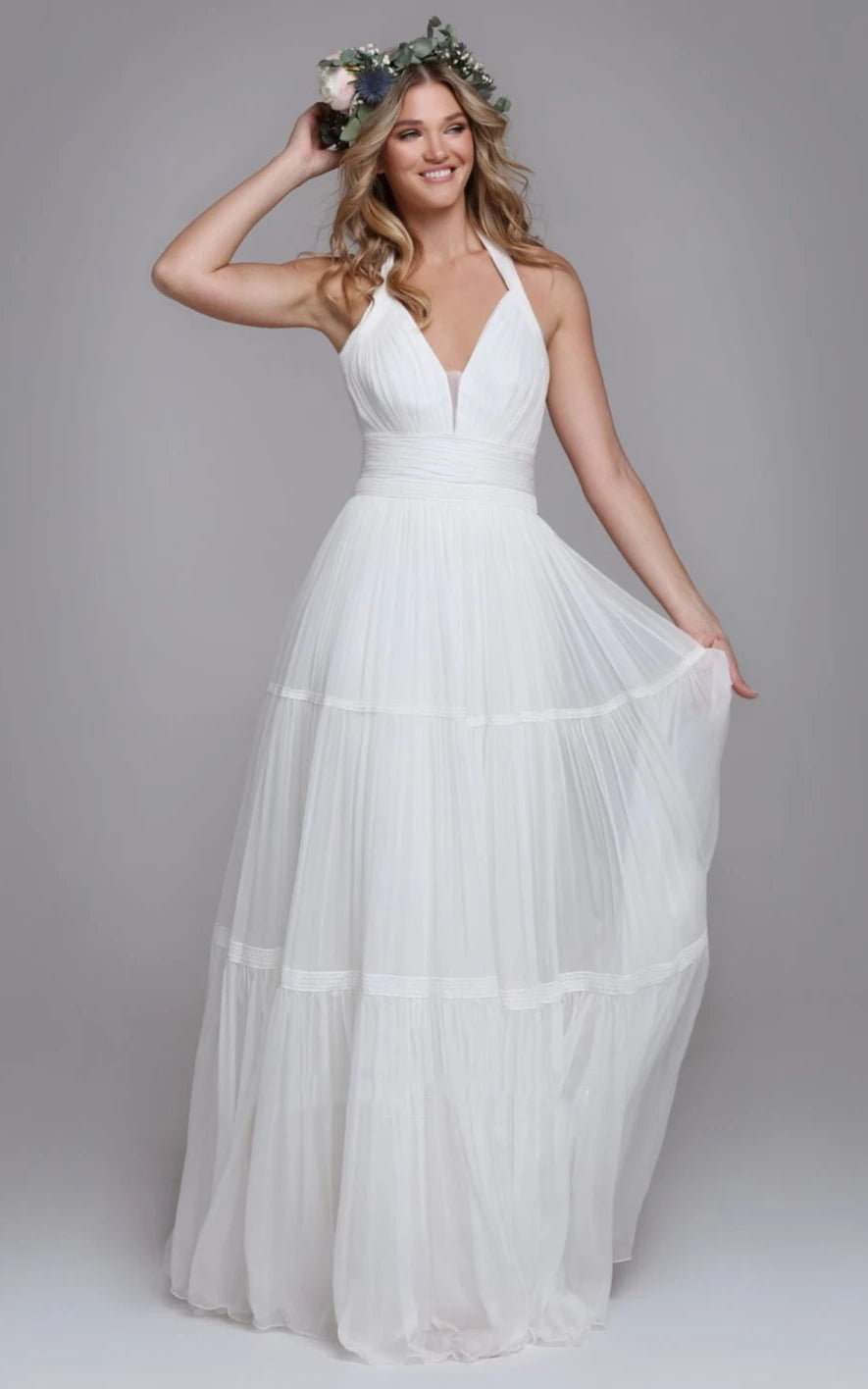 Bohemian Halter A Line Tulle Brush Train Wedding Dress with Ruching - KissProm