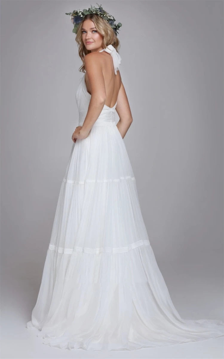 Bohemian Halter A Line Tulle Brush Train Wedding Dress with Ruching - KissProm