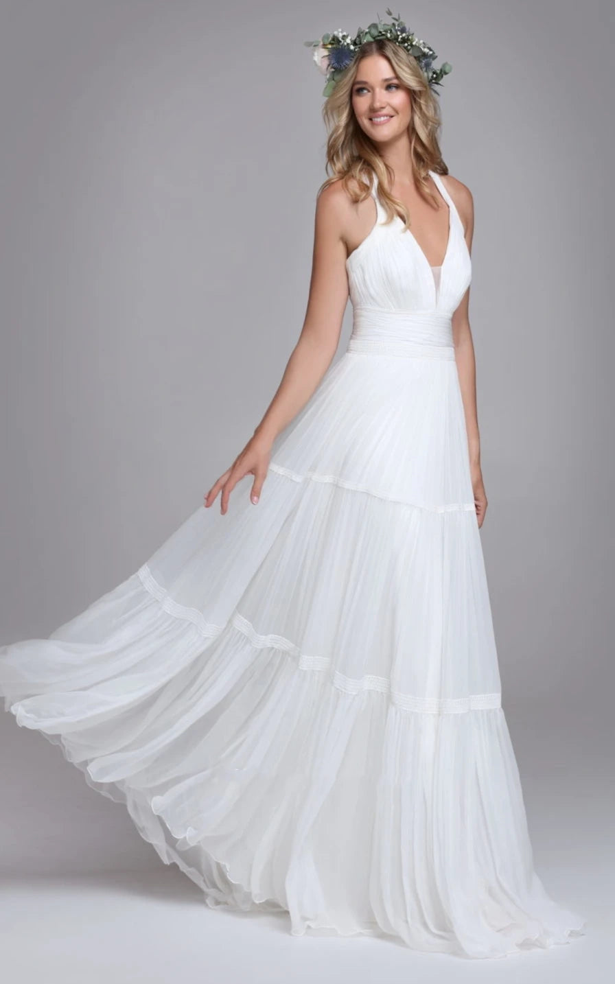 Bohemian Halter A Line Tulle Brush Train Wedding Dress with Ruching - KissProm