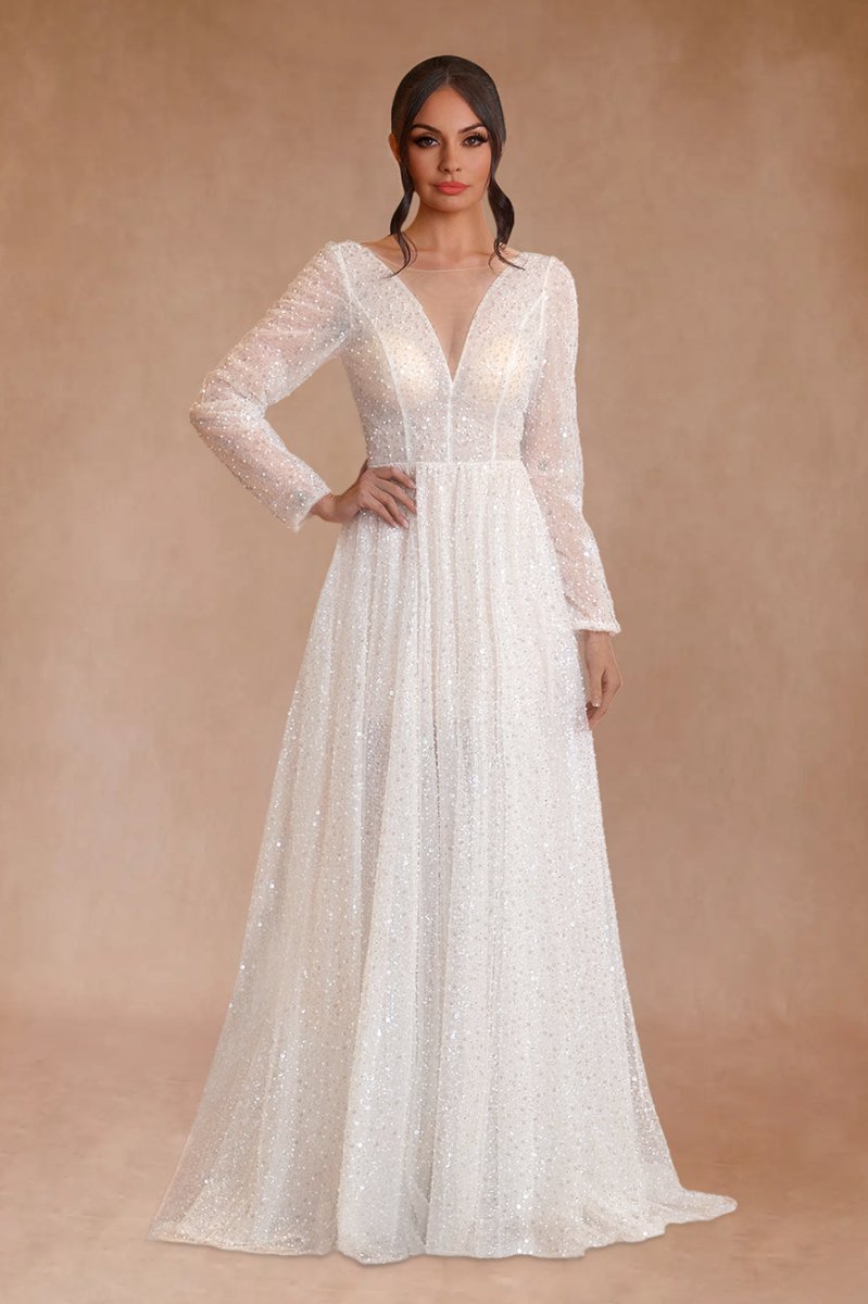 Frayah | Bohemian A - Line Sparkly Sequined Luxury Wedding Dresses - KissProm