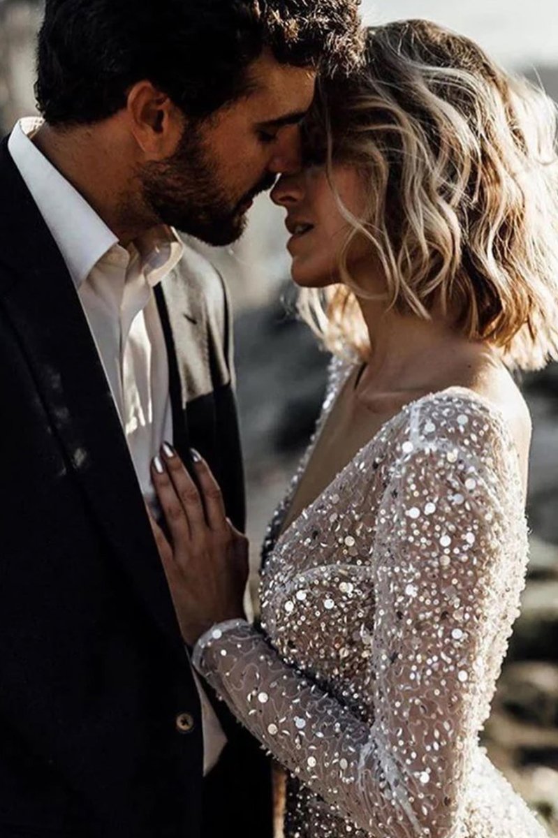 Frayah | Bohemian A - Line Sparkly Sequined Luxury Wedding Dresses - KissProm