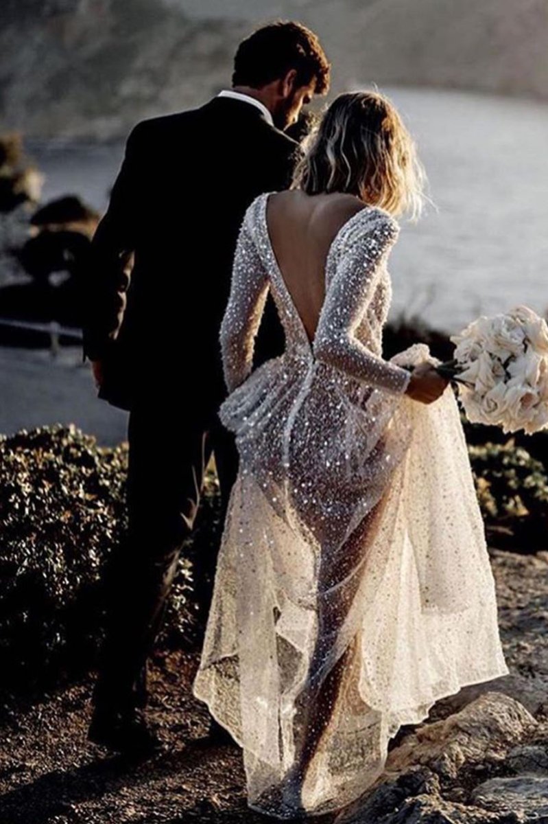 Frayah | Bohemian A - Line Sparkly Sequined Luxury Wedding Dresses - KissProm