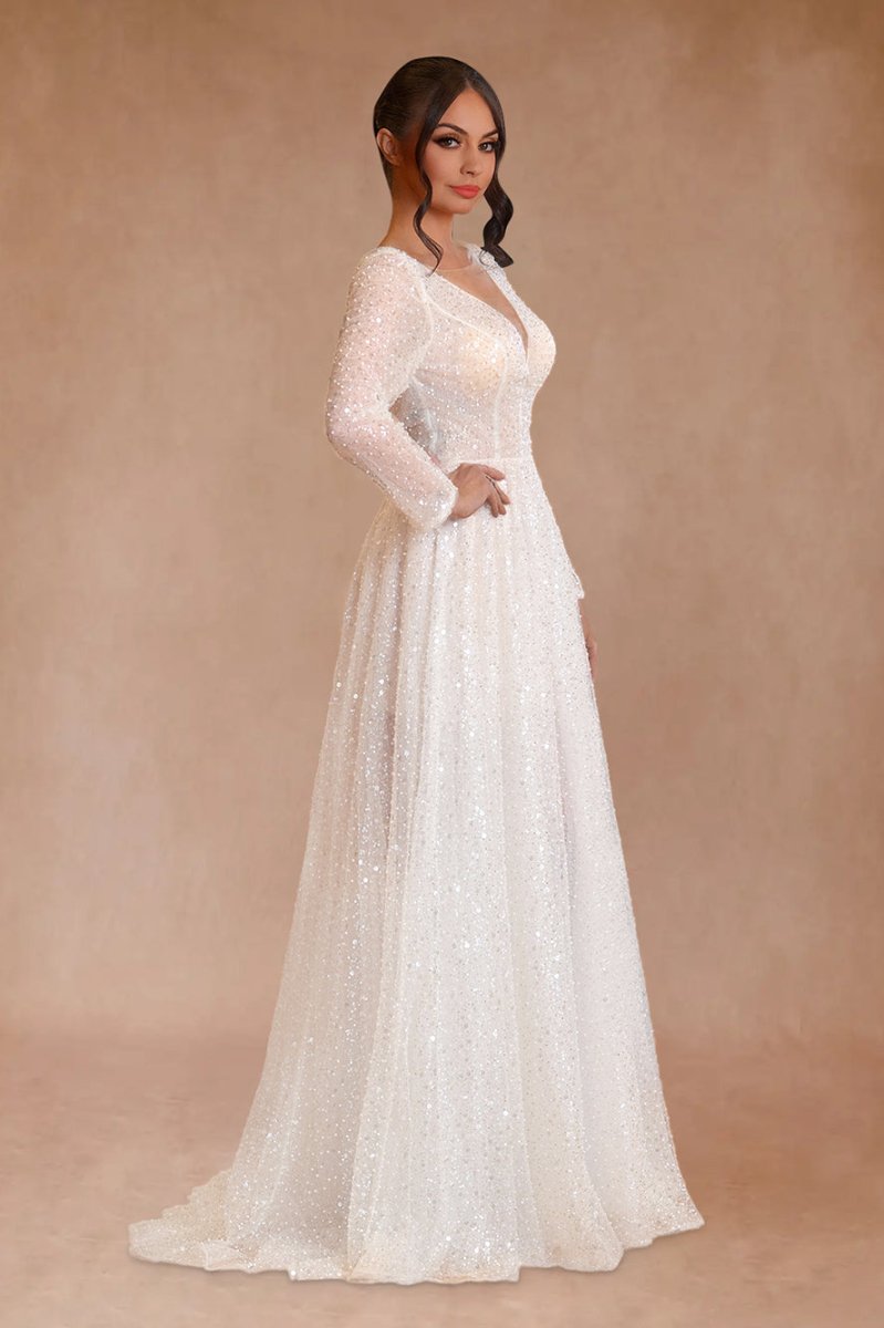 Frayah | Bohemian A - Line Sparkly Sequined Luxury Wedding Dresses - KissProm