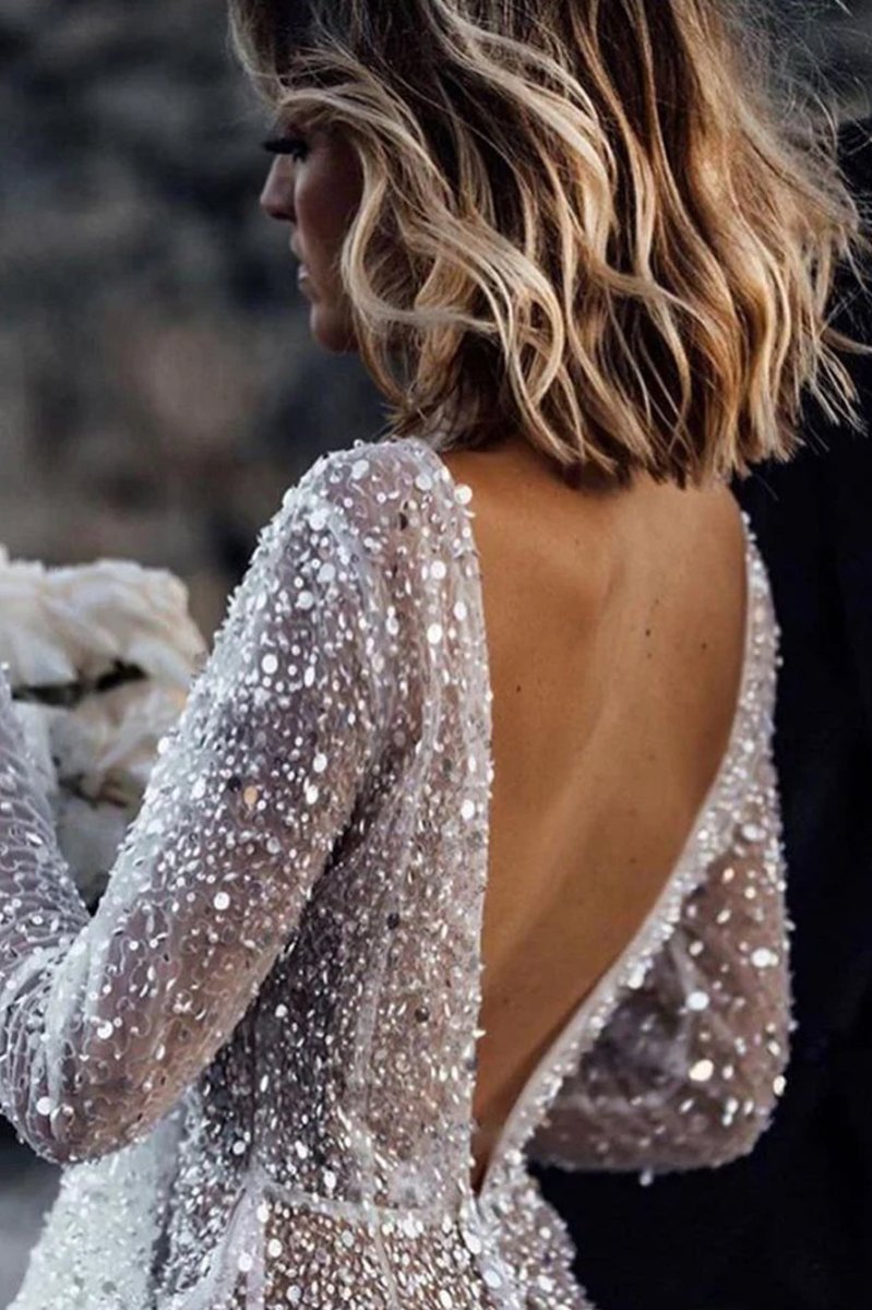 Frayah | Bohemian A - Line Sparkly Sequined Luxury Wedding Dresses - KissProm