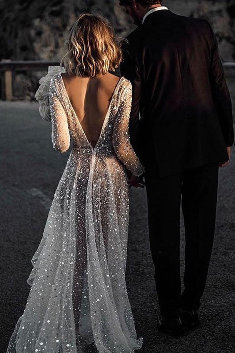 Frayah | Bohemian A - Line Sparkly Sequined Luxury Wedding Dresses - KissProm