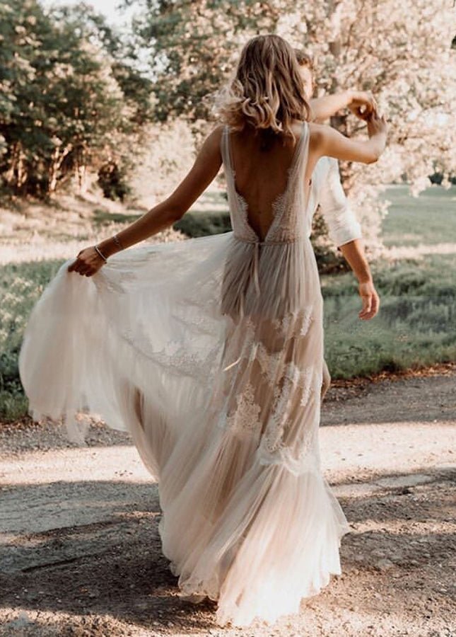 Bohemian Wedding Dresses V Neck Backless Romantic Dreamy Bridal Gowns