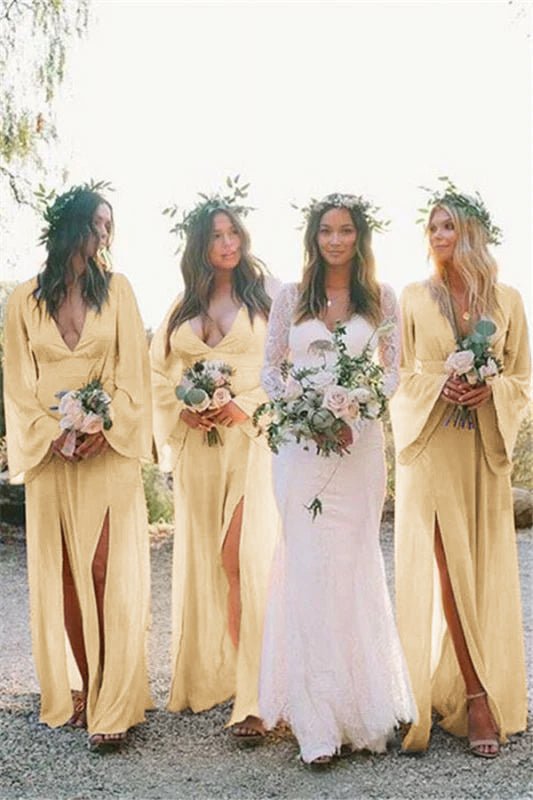 Boho A - Line Deep V Neck Long Sleeves Light Bridesmaid Dresses - KissProm