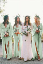 Boho A - Line Deep V Neck Long Sleeves Light Bridesmaid Dresses - KissProm