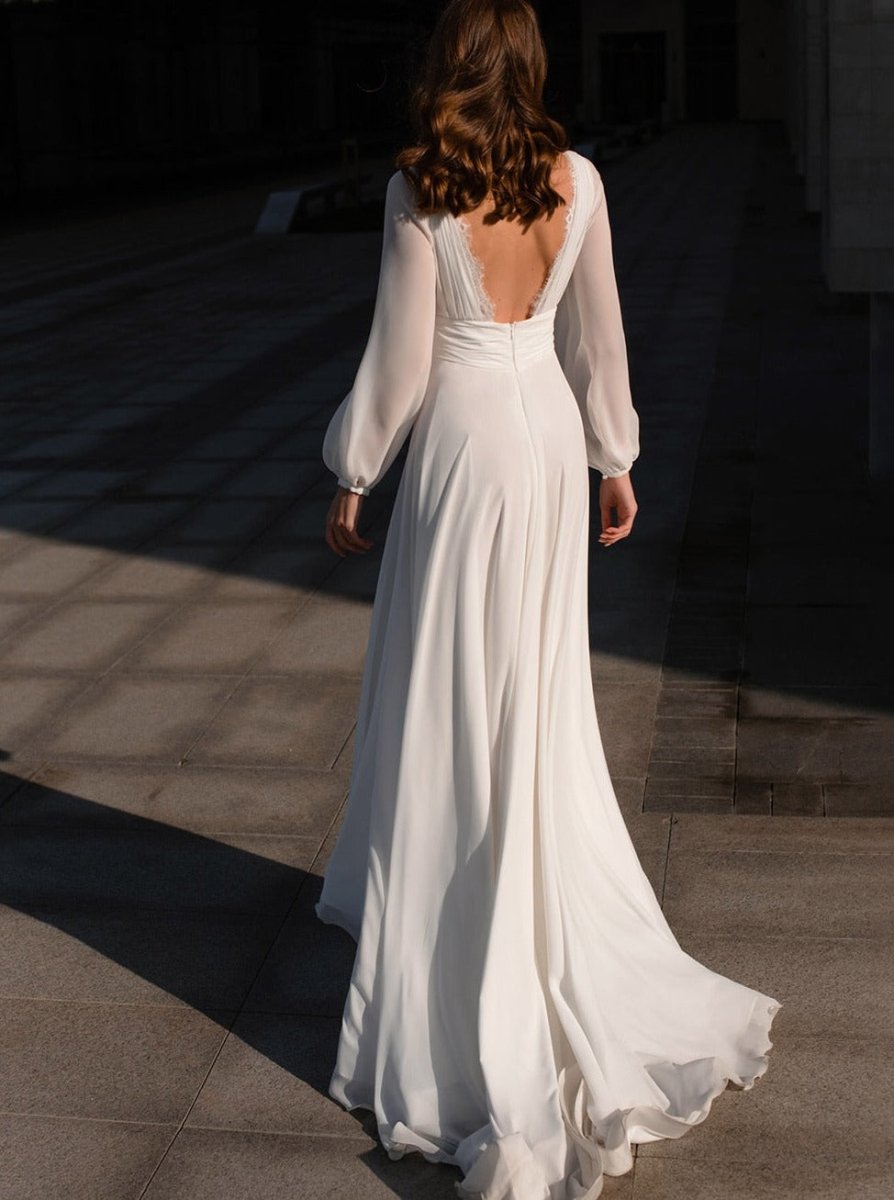 Boho A - Line White V Neck Long Sleeve Wedding Dress - KissProm