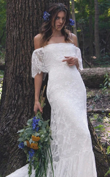 Boho Off - Shoulder Sheath Scalloped Lace Wedding Dress With Long Train - KissProm