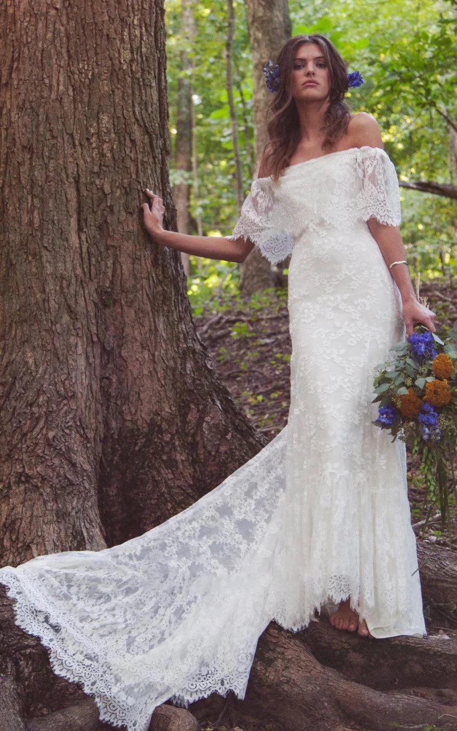 Boho Off - Shoulder Sheath Scalloped Lace Wedding Dress With Long Train - KissProm