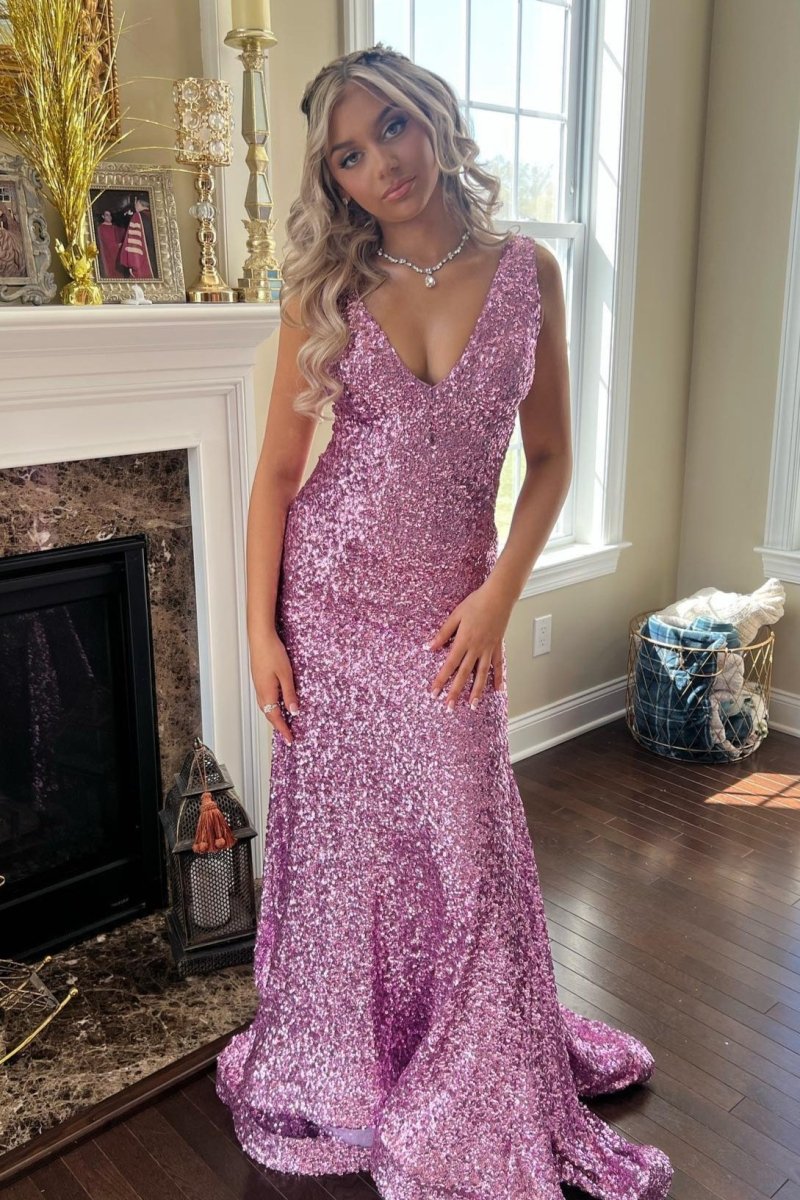 Branndi | Sequins V - Neck Lilac Mermaid Evening Long Prom Dress - KissProm