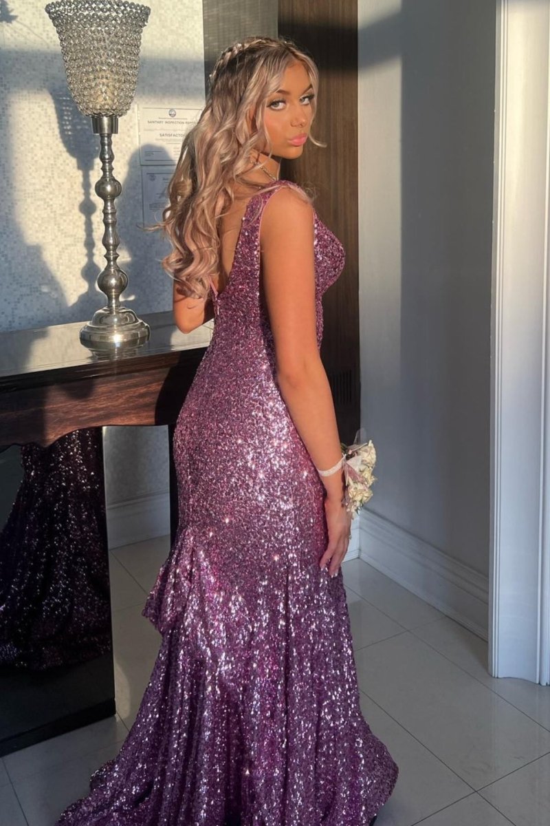 Branndi | Sequins V - Neck Lilac Mermaid Evening Long Prom Dress - KissProm