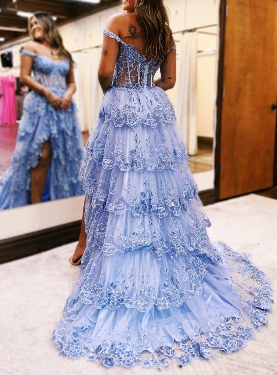 Maryann | Periwinkle Tulle Appliques Off - the - Shoulder Ruffle Long Prom Dress - KissProm