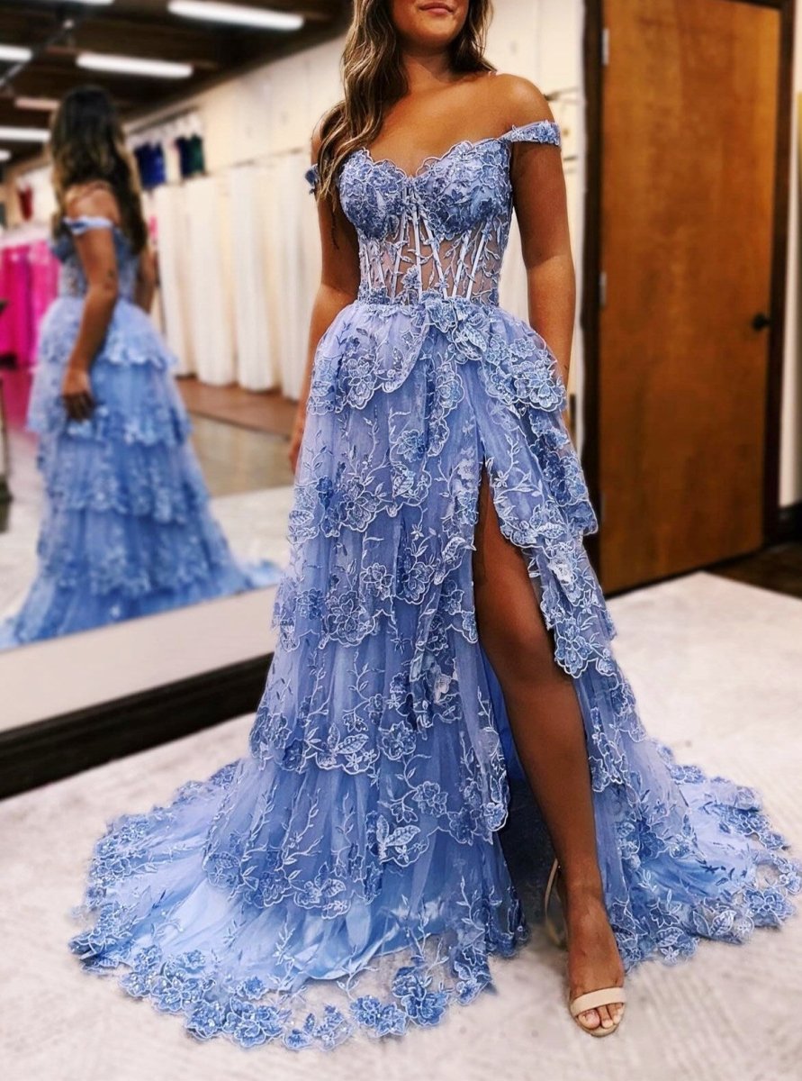 Maryann | Periwinkle Tulle Appliques Off - the - Shoulder Ruffle Long Prom Dress - KissProm