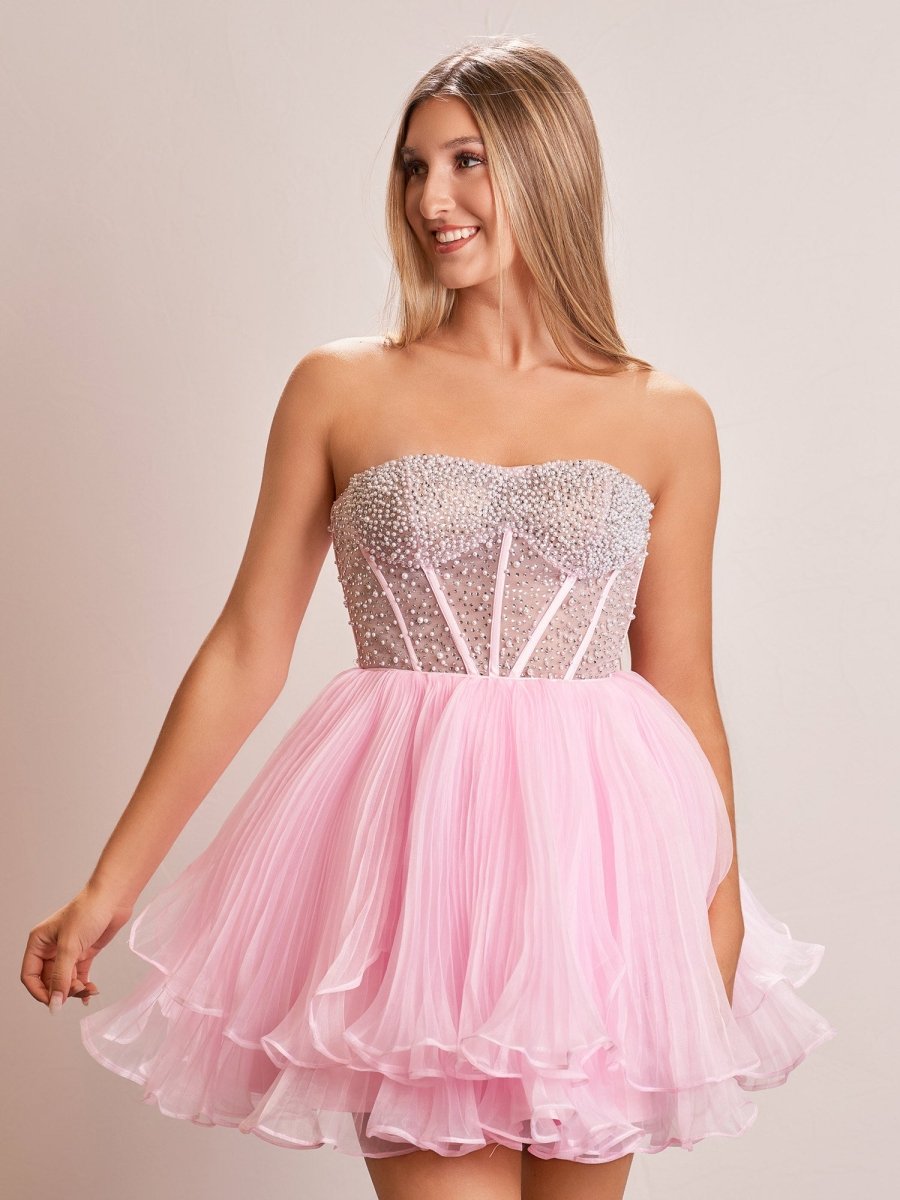 Briena | A - Line Pink Sweetheart Ruffled Short Homecoming Dress - KissProm