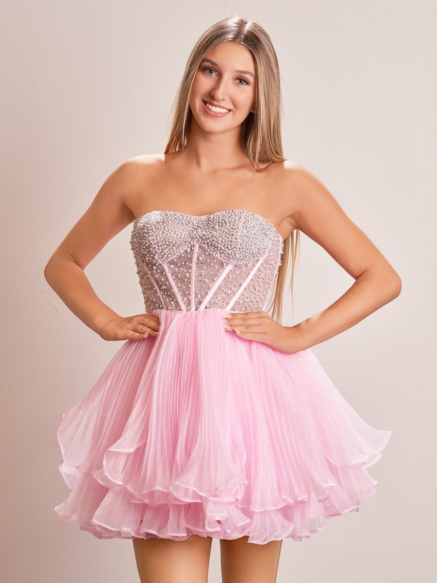 Briena | A - Line Pink Sweetheart Ruffled Short Homecoming Dress - KissProm