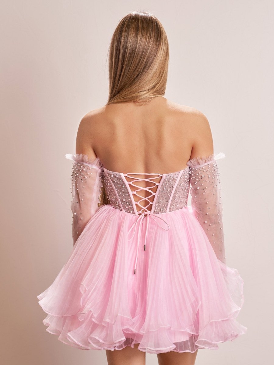 Briena | A - Line Pink Sweetheart Ruffled Short Homecoming Dress - KissProm