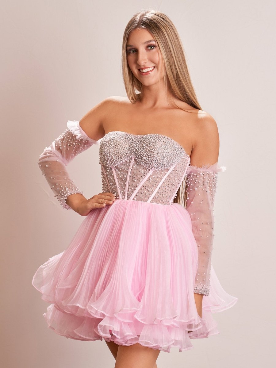 Briena | A - Line Pink Sweetheart Ruffled Short Homecoming Dress - KissProm