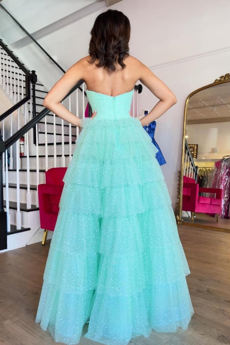 Brigitta | Aqua Blue Sweetheart Tulle Tiered A - Line Long Prom Dress with Slit - KissProm