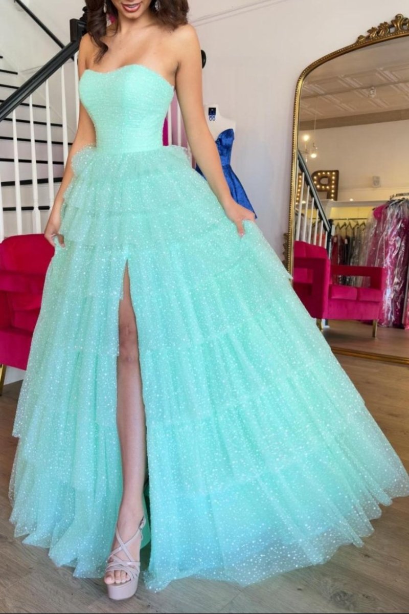 Brigitta | Aqua Blue Sweetheart Tulle Tiered A - Line Long Prom Dress with Slit - KissProm