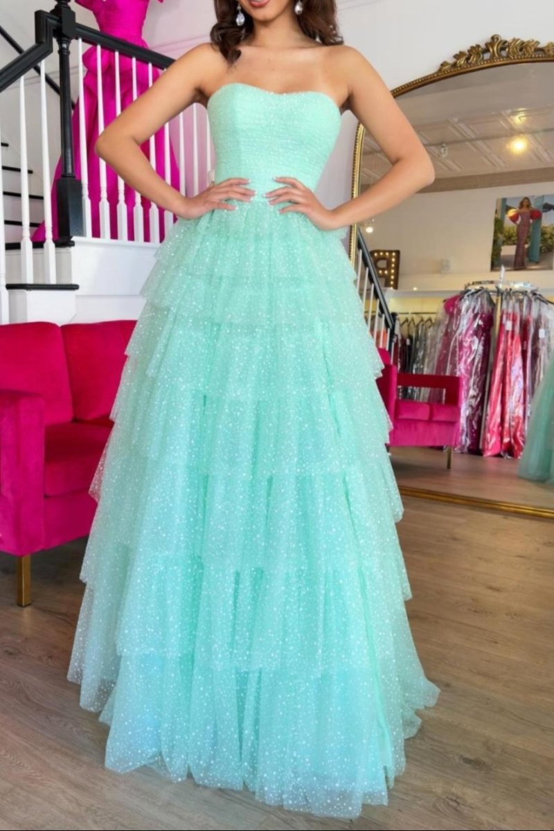 Brigitta | Aqua Blue Sweetheart Tulle Tiered A - Line Long Prom Dress with Slit - KissProm