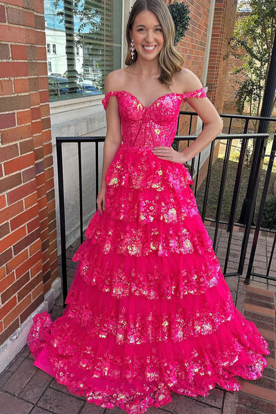 Leona Princess A-Line Sequined Lace Prom Dress – Gold & Fuchsia ...