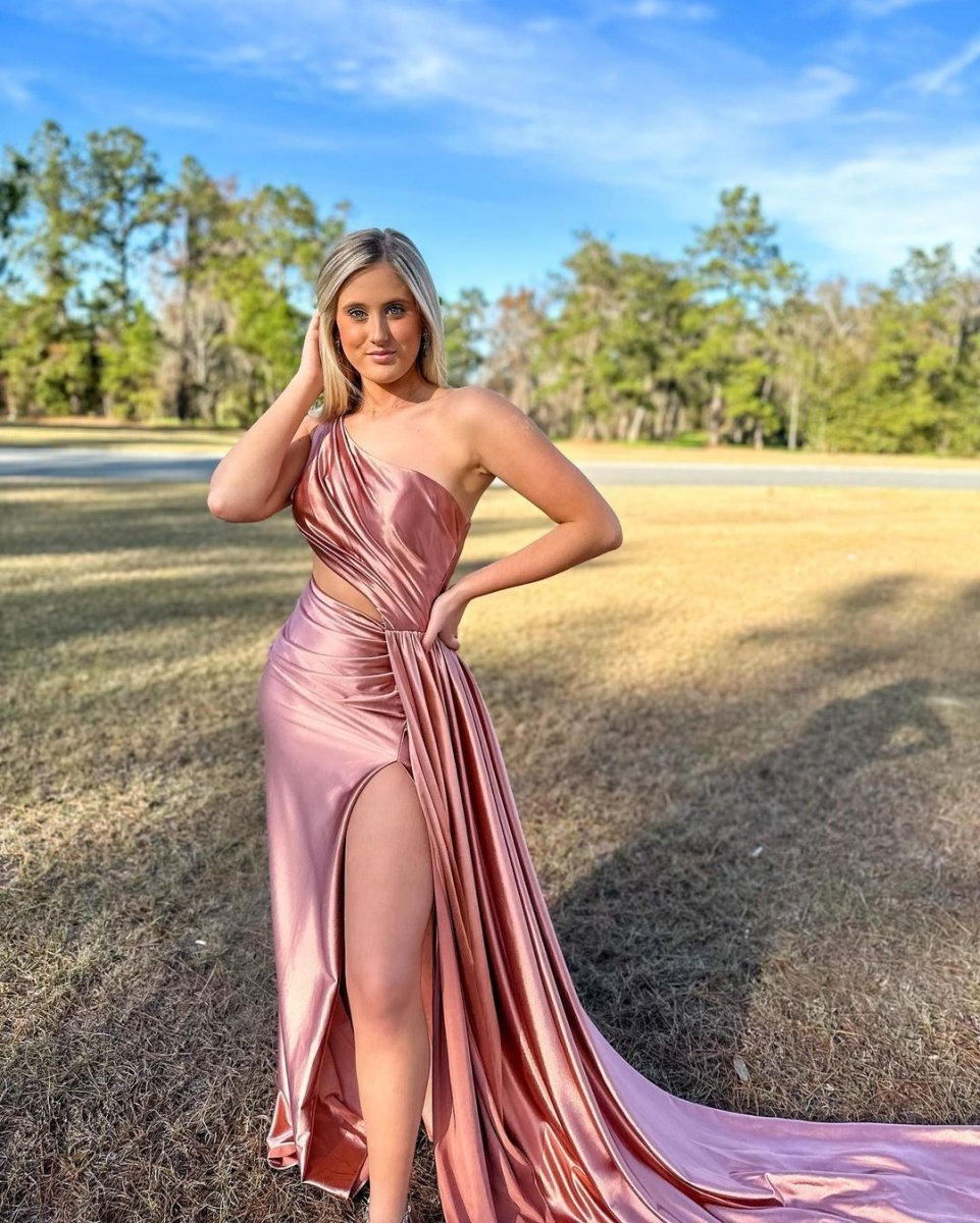 Shannon | Charming Mermaid One Shoulder Satin Prom Dresses with Slit - KissProm