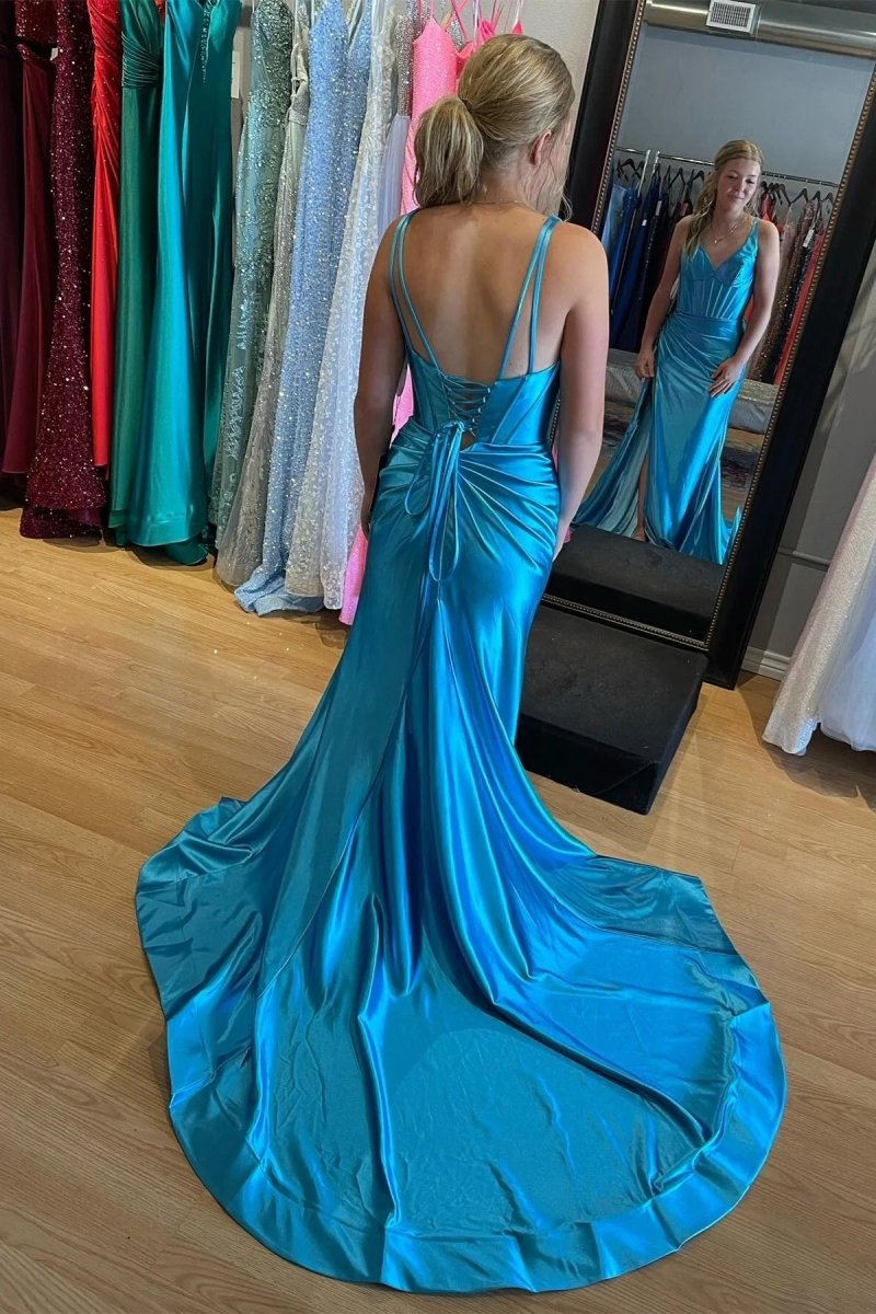 Lara | Grape Mermaid Satin V Neck Long Prom Dress with Slit - KissProm