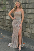 Marisela | Champagne Sequin Beaded Strapless Long Prom Dress with Slit - KissProm