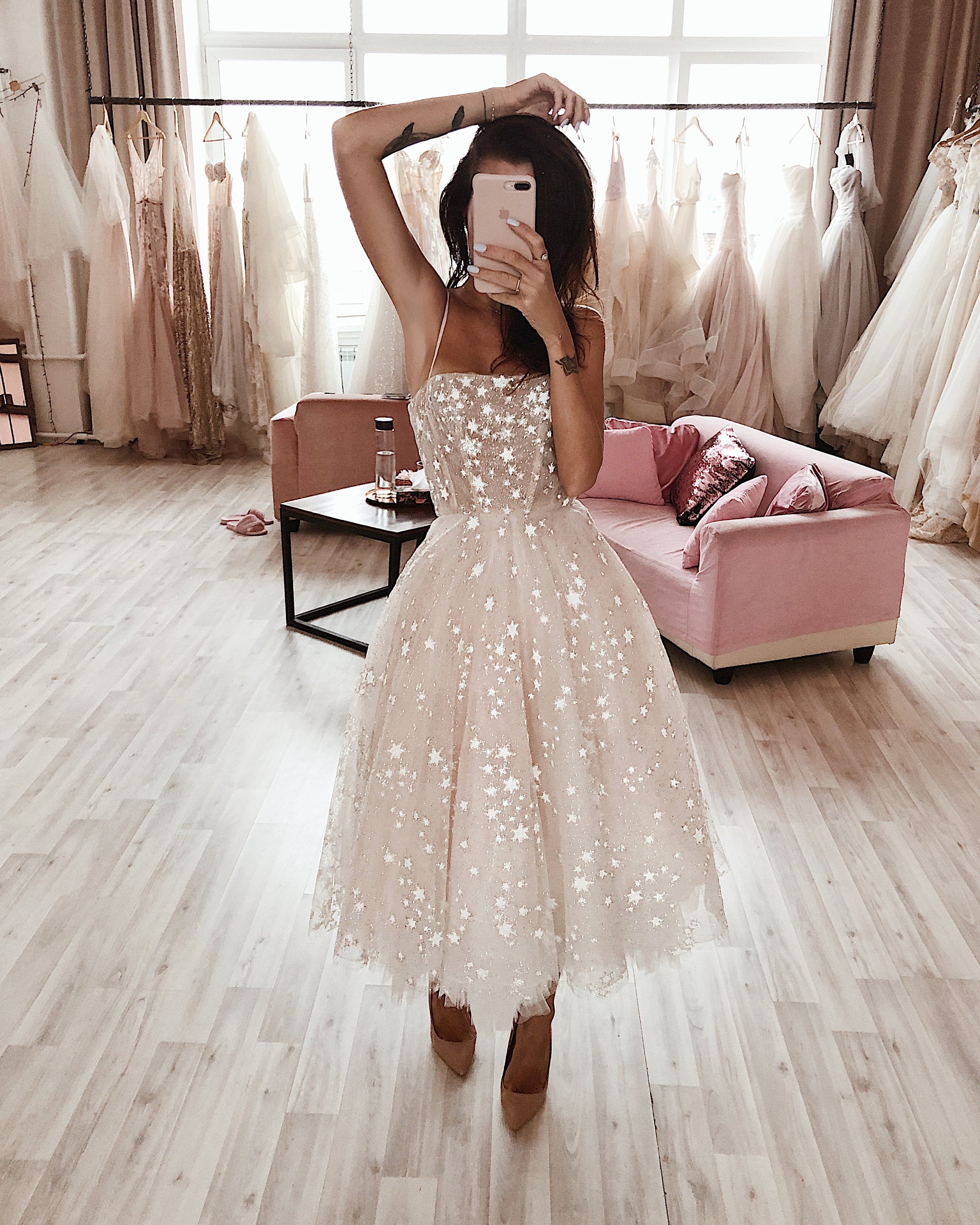 A Line Spaghetti Straps Tea Length Pearl Pink Prom Dress With Stars