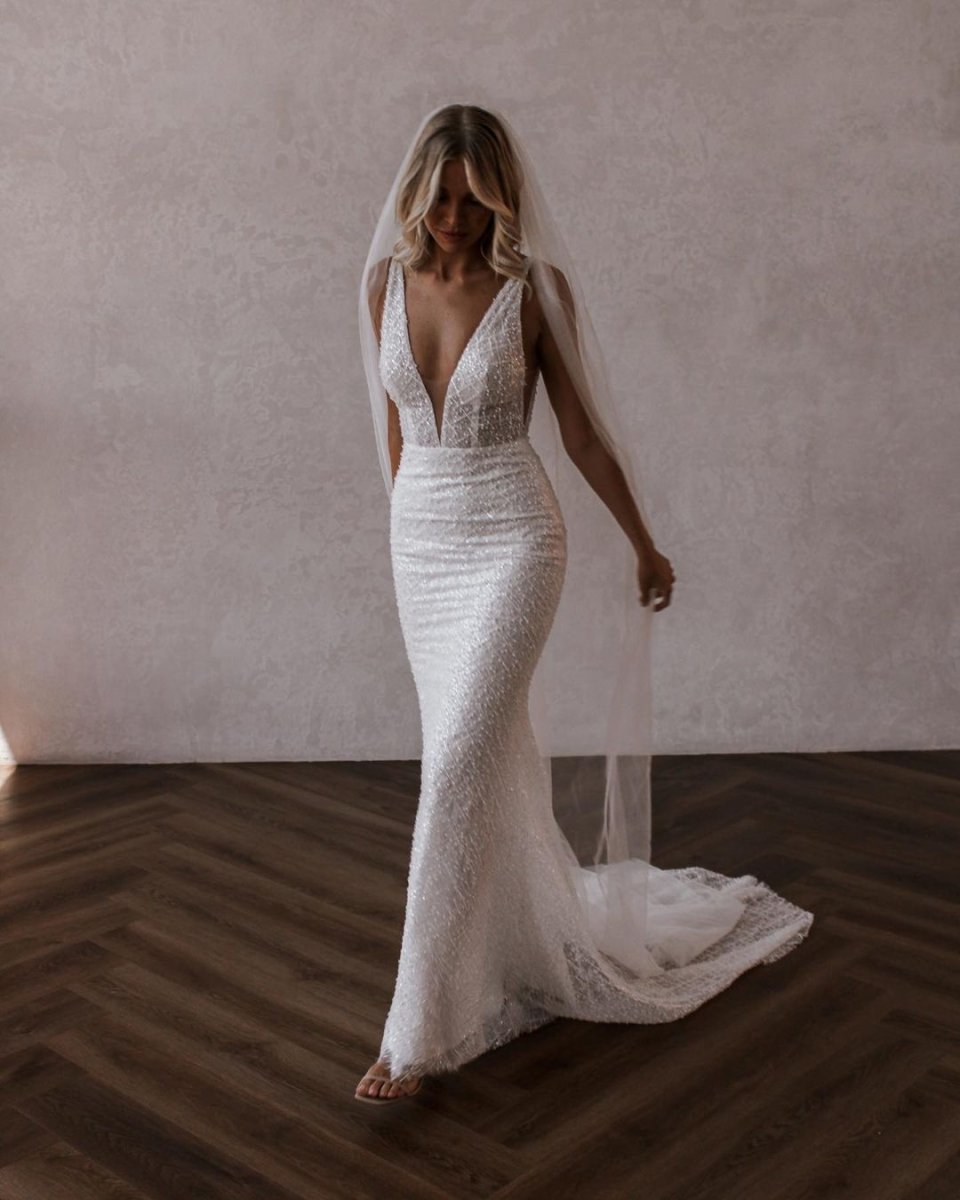 Sparkly Mermaid V Neck Sequins Lace Long Wedding Dresses - KissProm