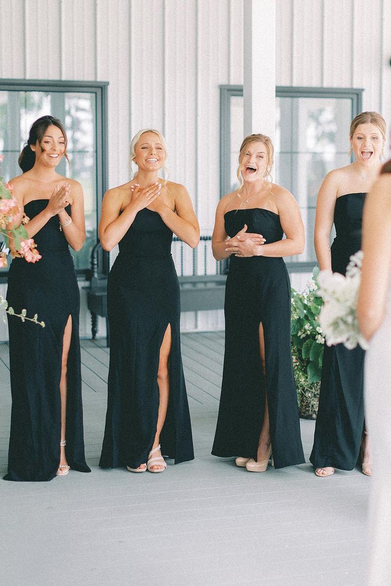 Black Strapless Long Bridesmaid Dresses with Slit - KissProm