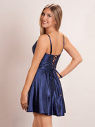 KissProm Hot Fix A-line Deep V illusion Short Beaded Homecoming Dress | This dress is crafted from luxurious satin fabric and features a stunning A-line silhouette that flatters every figure.