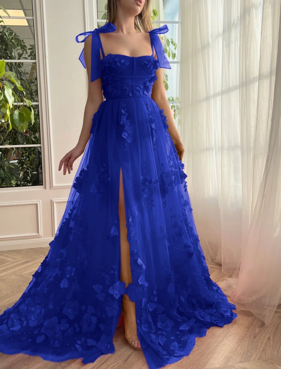 Cameron | Scarlet Lace A - line 3D Flower Long Prom Dress With Slit - KissProm