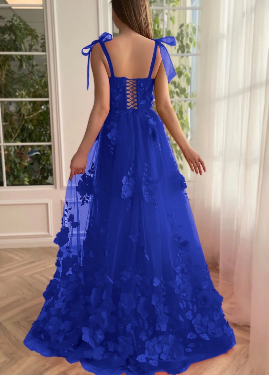 Cameron | Scarlet Lace A - line 3D Flower Long Prom Dress With Slit - KissProm