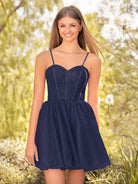 KissProm A Line Barbie Style Short Homecoming Dress With Beading | Dress Camille features a sweetheart neckline, a classic choice that highlights your collarbone and shoulders, creating a flattering silhouette.