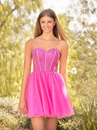 KissProm A Line Barbie Style Short Homecoming Dress With Beading | Dress Camille features a sweetheart neckline, a classic choice that highlights your collarbone and shoulders, creating a flattering silhouette.