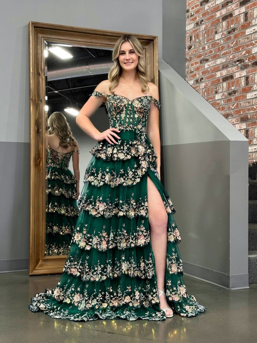 Capri | Green Crystal Sequins Princess A Line Off the Shoulder Prom Dress with Lace Ruffles - KissProm